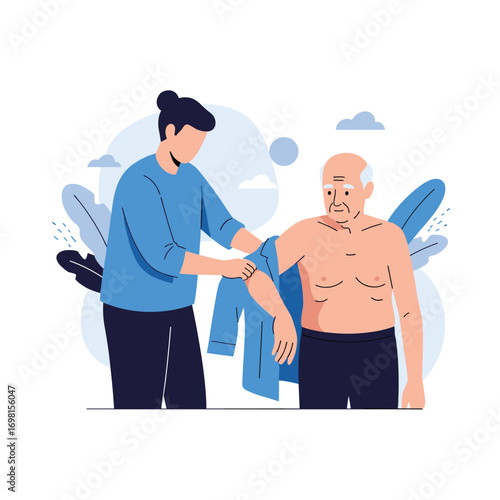 Assisting elderly man with dressing home care and medical support for senior citizens health