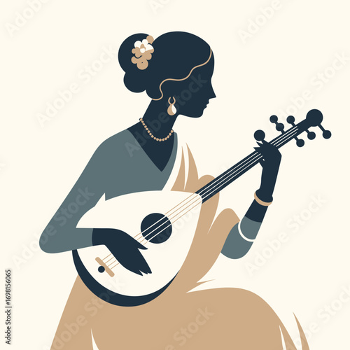 Elegant woman plays traditional string instrument with grace