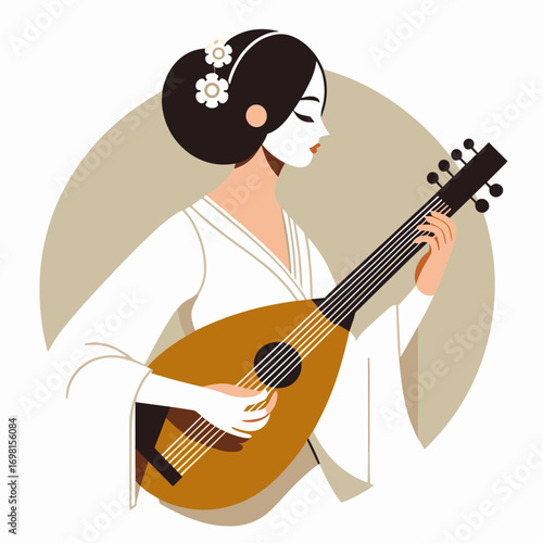 Elegant woman plays traditional lute, serene cultural art