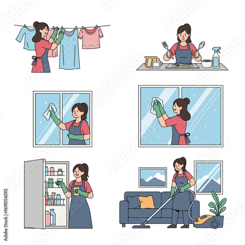 A woman engaged in various household chores showing daily routine tasks