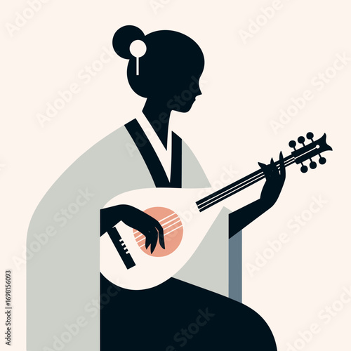 Elegant woman playing traditional lute in silhouette style