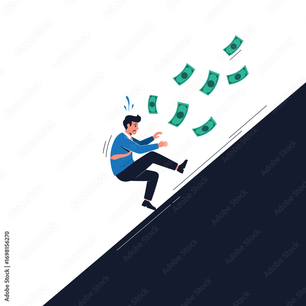 Fototapeta premium Man slipping down financial decline losing money downhill crisis concept