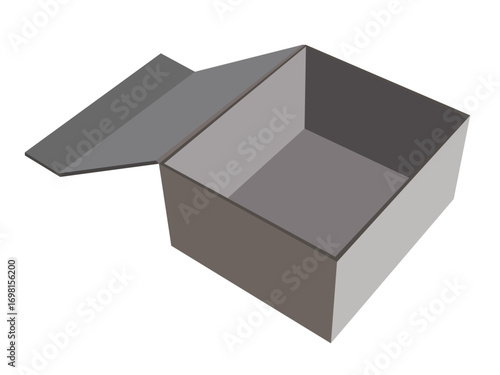 Open gray cardboard box with lid isolated on transparent background  
