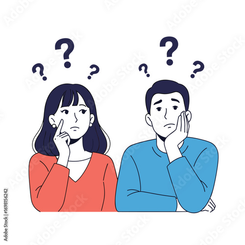 Couple contemplating a difficult decision with confused expressions and question marks above their heads illustrating uncertainty and dilemma