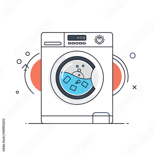 Modern front load washing machine with clear water and ice cubes performing cleaning cycle