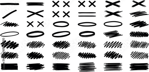 A comprehensive set of hand-drawn marker scribbles. Includes black ink brush strokes, underlines, crosses, and oval frames isolated on a white background for creative design projects