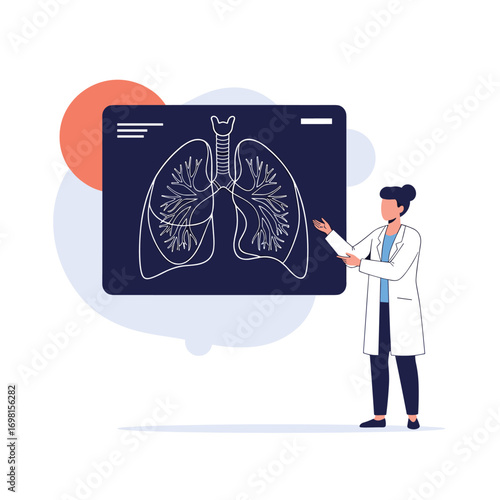 Medical professional explains lung health and respiratory system function on a diagram