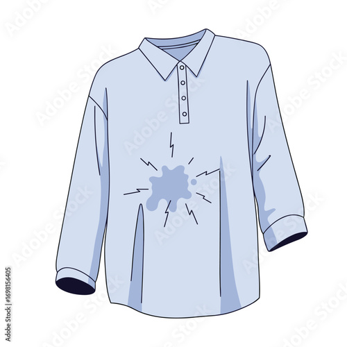 Light blue long sleeve collared shirt with a large stain on the front showing water droplets radiating outwards
