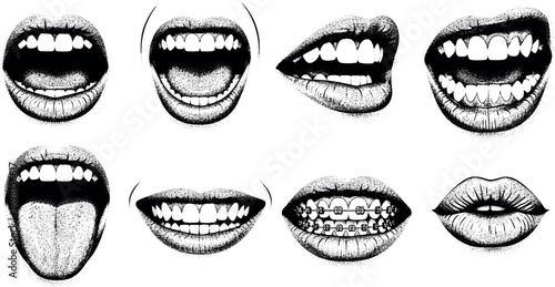 A diverse collection of hand-drawn human mouth illustrations showcasing a range of expressions, including smiling, shouting, and showing braces in a graphic sketch style