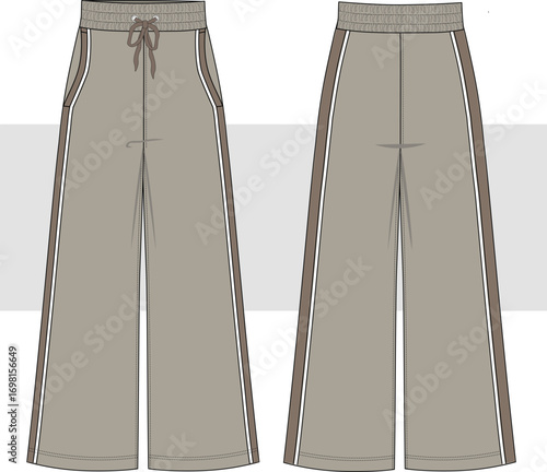 Wide leg Sweatpants fashion flat technical drawing template, illustration. Oversize, ribbed waistband, front and back view, CAD mockup.