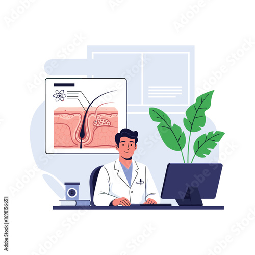 Dermatologist examining hair follicle structure and function on computer screen with medical chart illustration