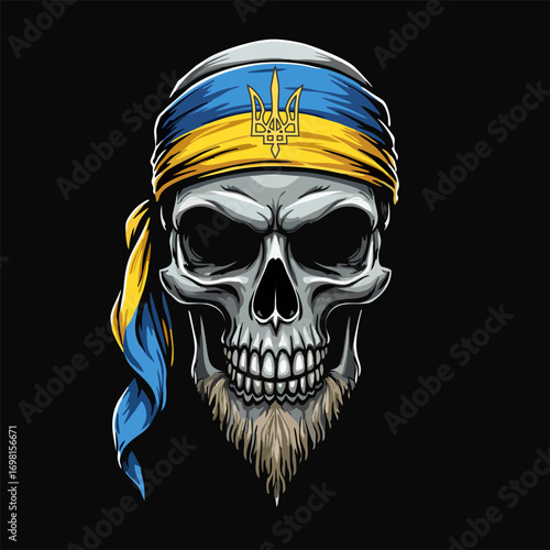 Vector t-shirt design. Human skull
with Ukraine flag bandana on black background.
Fashionable ukrainian print for fabric, paper, men clothing,
hoodie, jacket. National t shirt template with trident.