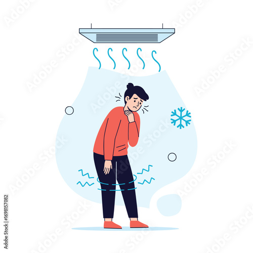 Person feeling sick and unwell from too much exposure to cold air from an air conditioner and experiencing a sore throat and shivers