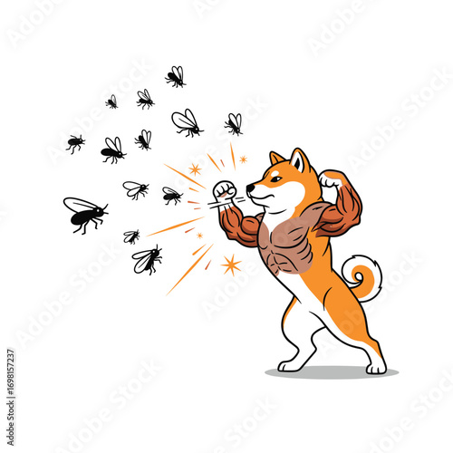 Pixel art shiba inu dog hero fighting swarm of flies with energetic blast