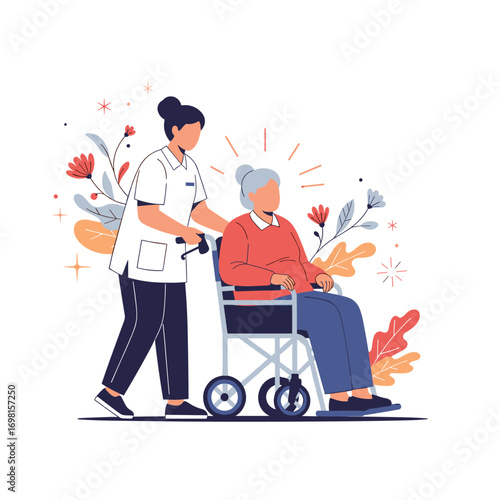 Caring nurse pushing elderly woman in wheelchair through a beautiful garden filled with flowers and plants