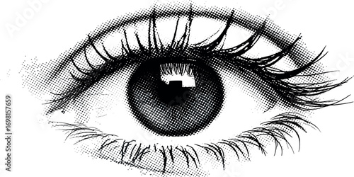 Artistic black and white hand-drawn illustration of a beautiful human eye with long eyelashes, symbolizing vision and perception