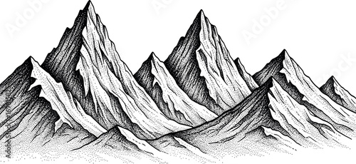 Classic pen and ink drawing of a panoramic mountain scenery, evoking a sense of exploration and majesty