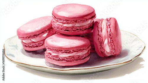 Vector illustration, of French pink macarons on white plate. Watercolor paint. 