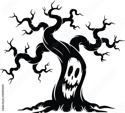Spooky twisted silhouette tree with scary face illustration