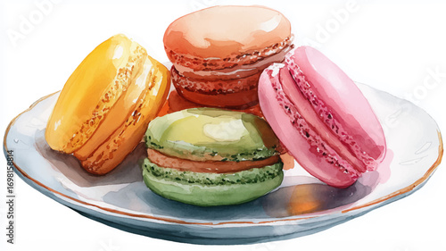 Vector illustration, of French macarons on white plate. Watercolor paint. 