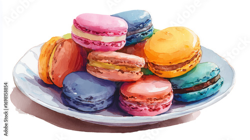 Vector illustration, of French macarons on white plate. Watercolor paint. 