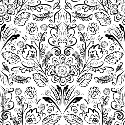 Seamless Pattern with Abstract Ethnic Tropical Flowers in Hand-Drawn Ink Style vector illustration with ethnic, folk, retro, and vintage influence, reminiscent of Indian and Eastern ornaments. 