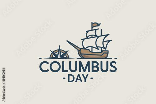 A columbus day illustration featuring a ship and a compass on a light beige background design vector