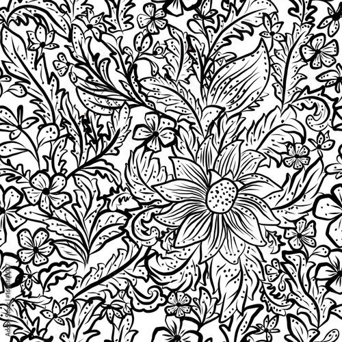 Seamless Pattern with Abstract Ethnic Tropical Flowers in Hand-Drawn Ink Style vector illustration with ethnic, folk, retro, and vintage influence, reminiscent of Indian and Eastern ornaments. 