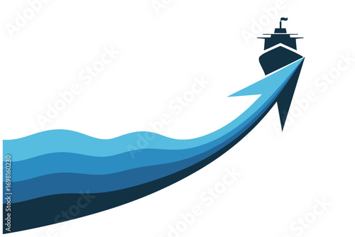 A ship sailing upwards on a blue arrow, symbolizing growth and success in the maritime industry