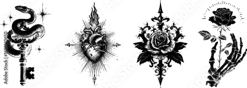 Set of vintage gothic tattoo style illustrations with snake, sacred heart, roses and skeleton hand, occult engraving black and white design.