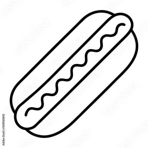 Hot dog vector illustration of delicious american fast food with sausage and mustard line art