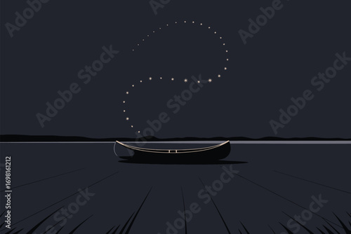 A canoe on a dark lake underneath a question mark made of stars in the night sky illustration art