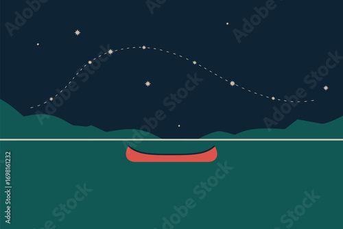 A red canoe on a lake under a starry night sky with a constellation and green mountains in the background