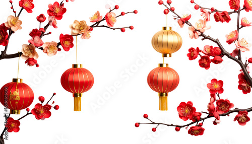 Colorful Chinese lanterns decorating a blooming cherry tree, isolated on white background.