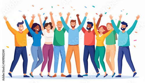 Happy diverse people celebrating an event together. A crowd of joyful men and women with arms up, shouting in excitement with confetti
