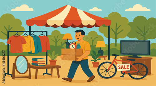 Outdoor Yard Sale with Clothes, Furniture, and Bicycle
