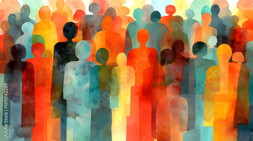 Social status diversity community. Peer pressure, business network leadership grunge design concept. Team members, watercolor diverse crowd of people. Dirty minds, equality, multiple intelligence