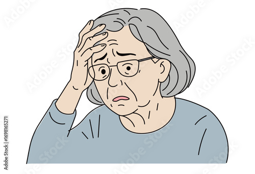 Senior woman worried and stressed illustration representing trouble, confusion, anxiety, and elderly lifestyle concept