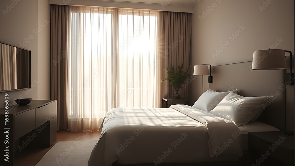 Fototapeta premium Serene hotel bedroom bathed in morning light, featuring minimalist decor and a neatly made bed.