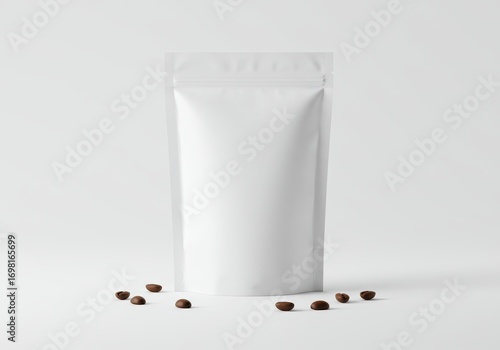 White Stand Up Pouch Mockup with Coffee Beans