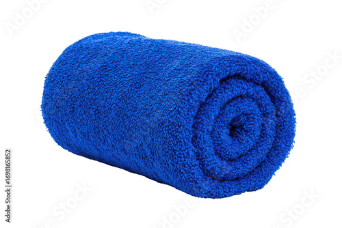 Rolled blue towel, studio shot, black background, soft texture