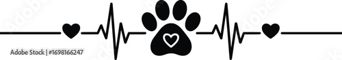 Pet Paw Heartbeat Vector, Dog Cat Love Pulse Line Animal Care Design.