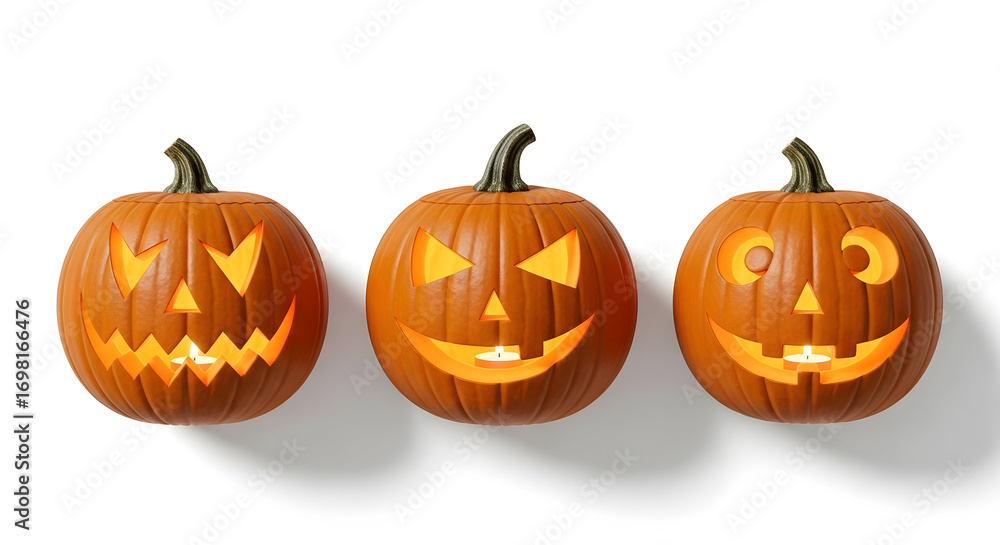 Fototapeta premium Three carved jack o' lanterns on white background