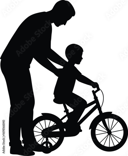 father teaching child to ride bike silhouette on transparent background