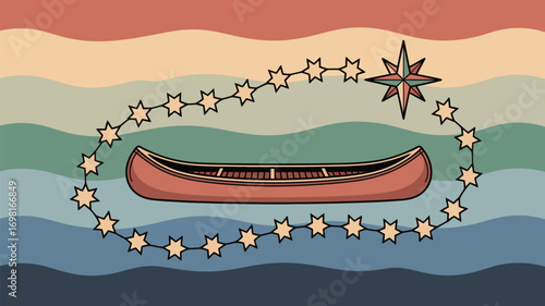 A canoe surrounded by stars against a wavy background with a large star at the top right corner