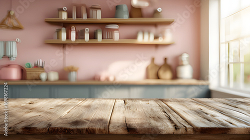 Colorful kitchen interior decor with a blender on rustic wooden table with blurred shelves background