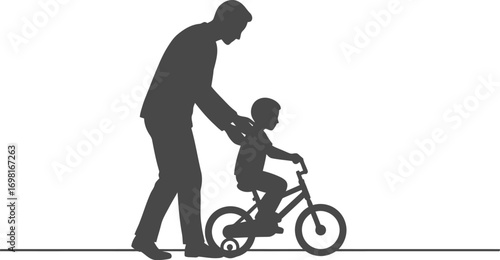 father helping child ride bike silhouette on transparent background