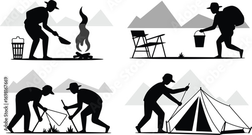 Illustrations depicting a person engaging in various camping activities such as cooking, carrying supplies, setting up camp, and pitching a tent amidst mountainous scenery