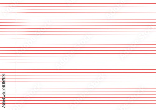 Blank notebook paper with red horizontal lines and a vertical margin on white background. Ruled notebook paper with lines for writing and note taking