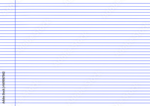 Blank notebook paper with blue horizontal lines and a vertical margin on white background. Ruled notebook paper with lines for writing and note taking
